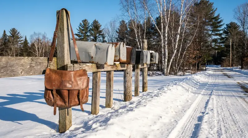 A worn leather mail carrier's satchel hanging on a hook beside a row of rural mailboxes on wooden posts along a snowy country road