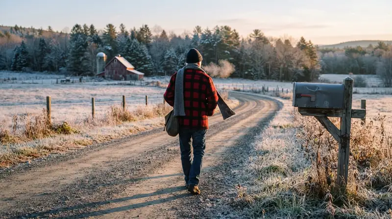 A man in a wool jacket and scarf walking down a frosty country road at sunrise past a rural mailbox, his breath visible in the cold air