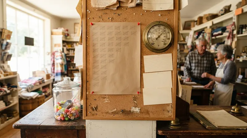 A pencil tally on a sheet of kraft paper pinned to a cork bulletin board in an old general store beside a thermometer