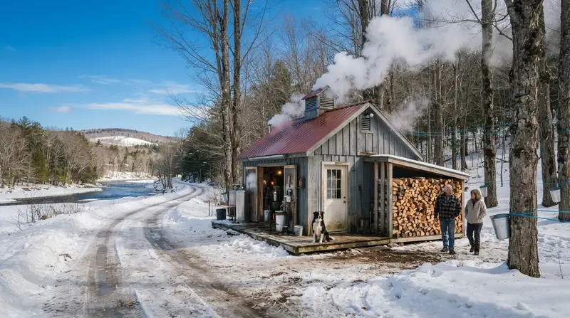 A weathered wooden sugarhouse beside a snowy country road with steam rising from its roof vent and stacked firewood along the wall