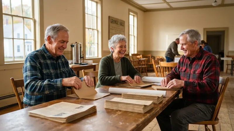 Older men and women folding kraft-paper newsletters at a long wooden table inside a sunlit Grange hall
