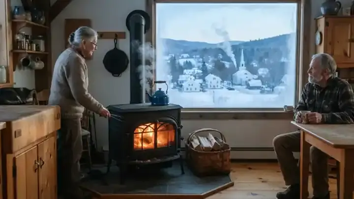 A cast iron woodstove with a steaming enamel kettle on top in a farmhouse kitchen, a frosty window showing a snowy valley with chimney smoke rising from distant houses, slow camera move